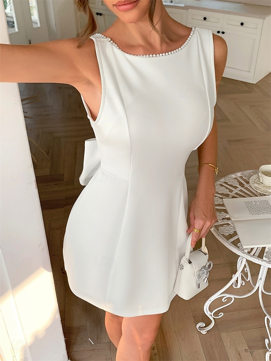 A-Line šaty pro quinceañeru elegantní šaty pro svatbu svatební host šaty krátké mini bez rukávů s lodním výstřihem saténové bez zad s perlami 2025 - $109.99 –P2