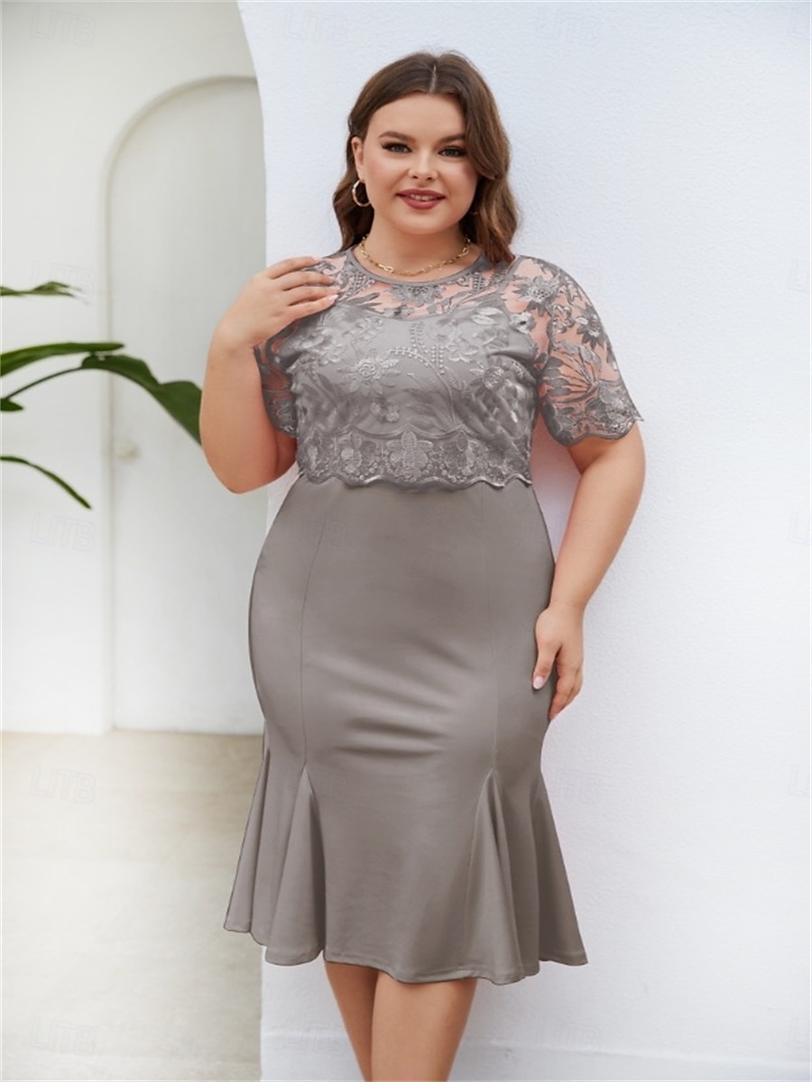 Robe mère de la mariée robe élégante col rond longueur thé dentelle manches courtes avec couleur unie de 2025 ? $49.99 –P2