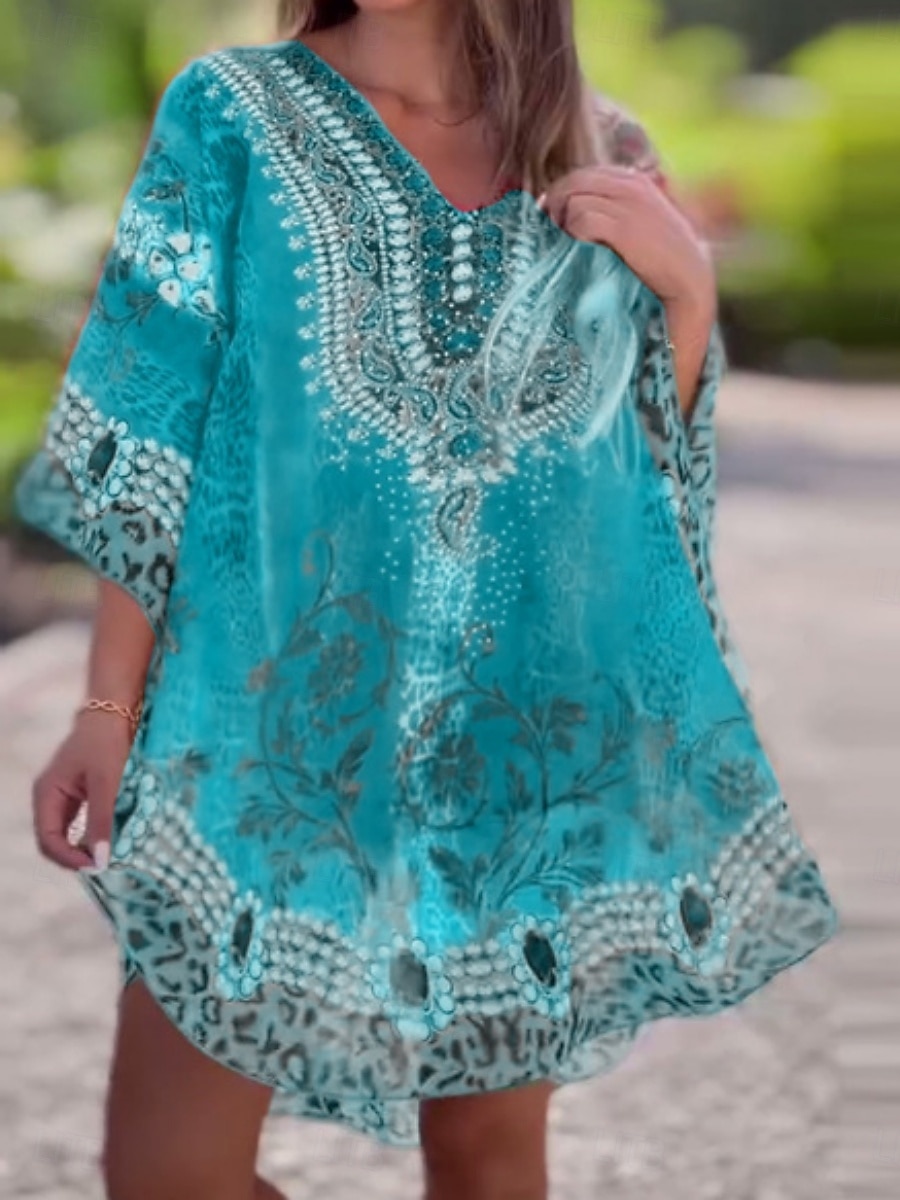 Women's Mini Dress A Line Dress Casual Boho Daily Holiday Beach Regular Fit Graphic 3/4 Length Sleeve V Neck Red Blue Green Summer Spring 2025 - $41.99 –P7