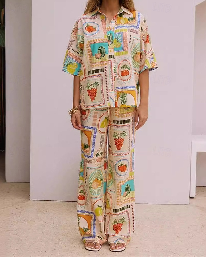 Per donna Moda Streetwear Camicie di cotone e lino Set di biancheria in cotone Set di Pantaloni Manica Corta Colletto a Camicia Frutta Stampato Abbigliamento quotidiano Data Cachi Estate Vestibilit del 2025 a $43.99 –P1