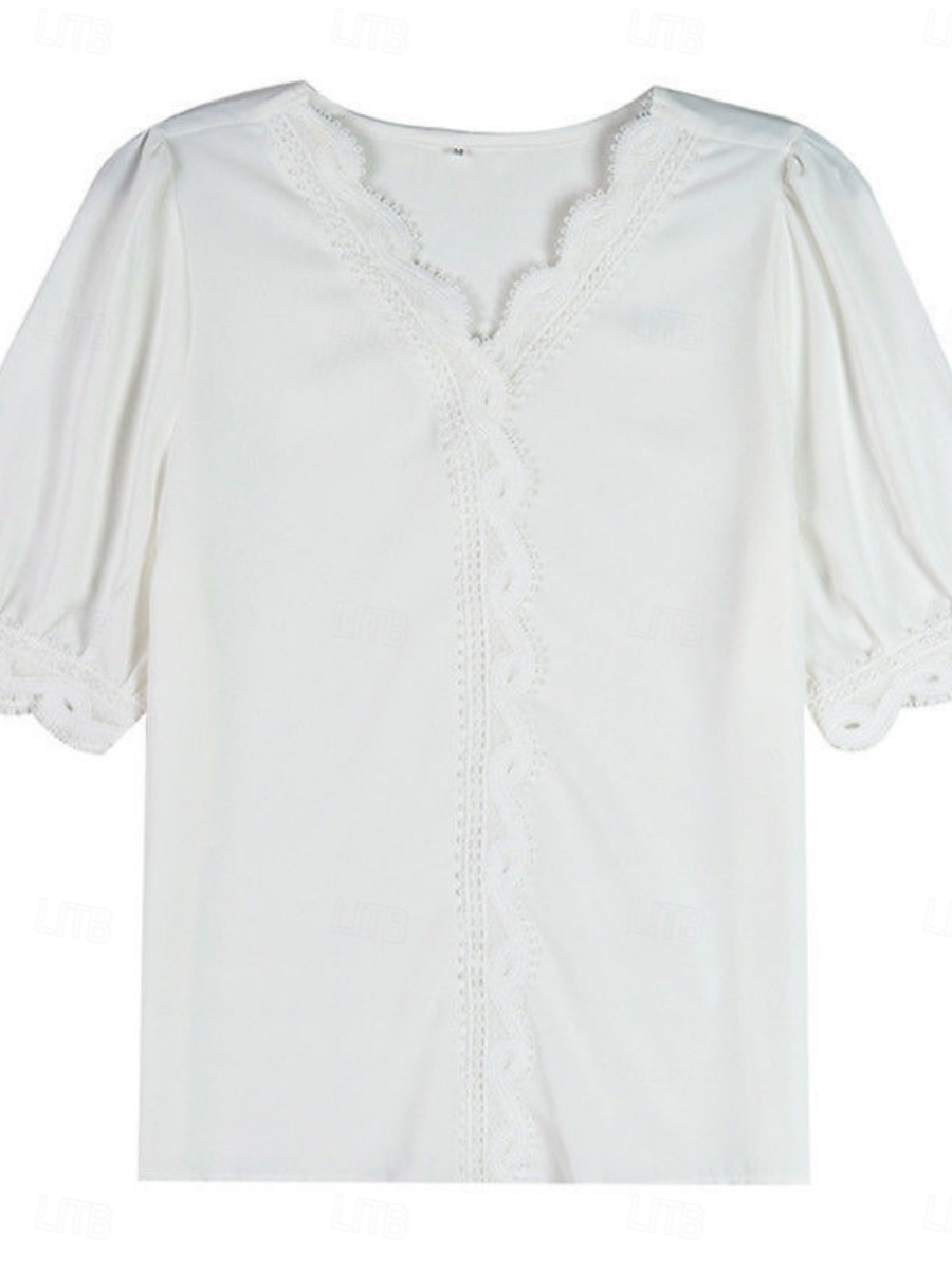 Damen Bluse Einfarbig Stilvoll Basic Lässig Kurzarm Hemdkragen Normale Oberteile Täglich Patchwork Knöpfe Spitzenbesatz Weiß Sommer 2025 - $13.99 –P9