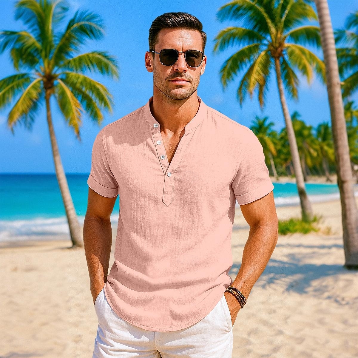 Voor heren Overhemd Linnen overhemd Overhemd met bandkraag Popover-shirt Zomer overhemd Strand Kleding Effen Vakantie Casual Zwart Wit Blozend Roze Marineblauw Korte mouw Mandarijn Kraag Zomer Kleding 2025 - $21.99 –P1