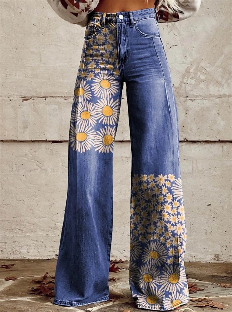 Retro vintage Boho Jaren '70 Broeken Broek met wijde pijpen Hippie Schijf Hoge taille Bloemig Madeliefje Faux Jeans Stijl Kostuum Dames Carnaval Casual / Dagelijks muziekfestival Retro themafeest 2026 - $35.99 –P8