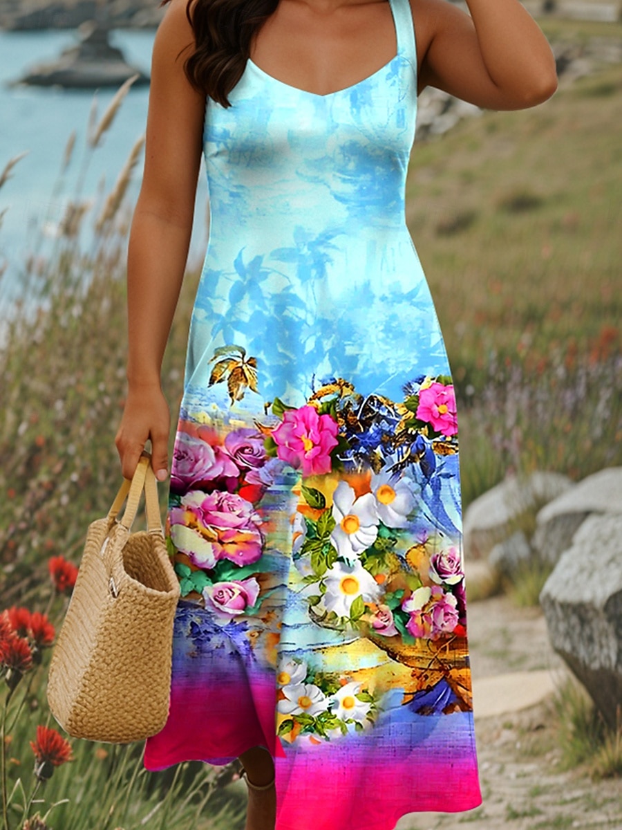 Damen Maxikleid A Linie Kleid Sommerkleid Schulterfreies Kleid Urlaub Lässig Party Date Normale Passform Blumen Grafik Farbblock Ärmellos Quadrathals Rosa Blau Purpur Sommer Frühling 2025 - $27.99 –P3