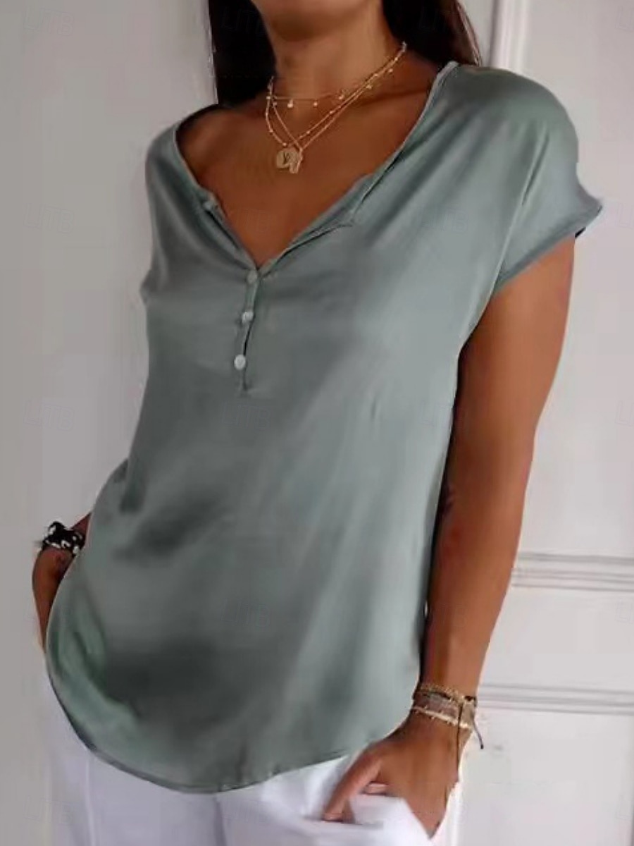 Dames Blouse Effen Kleur Stijlvol Casual Korte mouw V-hals Normale tops Dagelijks Knop Wit Bruin Groen Grijs Zomer 2025 - $16.99 –P2