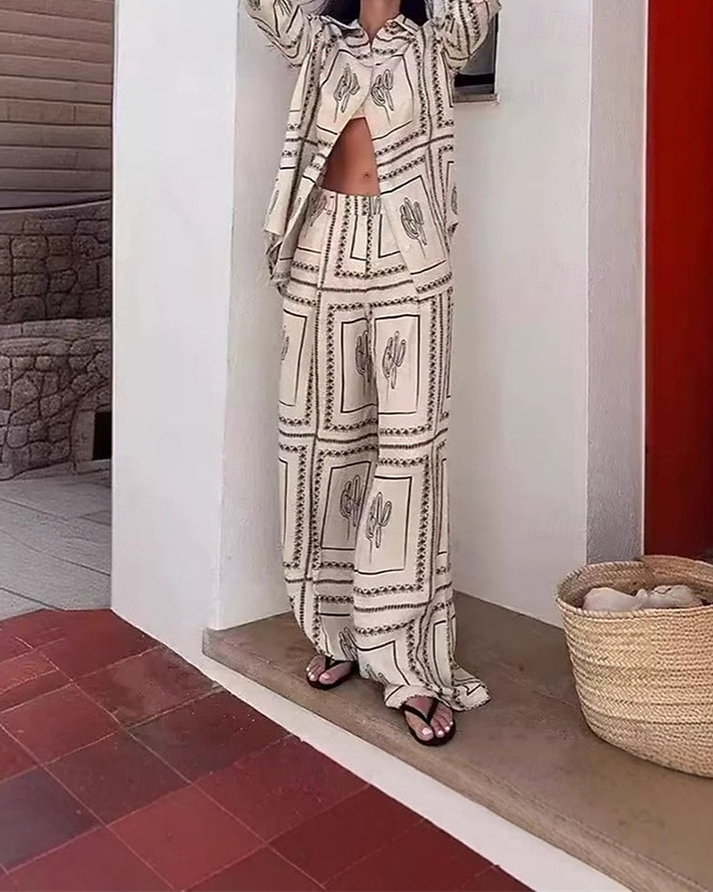 Femmes Mode Streetwear Chemises en coton et lin Ensembles en coton et lin Ensembles de Pantalons Manche Courte Col de chemise Géométrique Imprimé Tenue quotidienne Date Beige Été Coupe régulière de 2025 ? $44.99 –P5