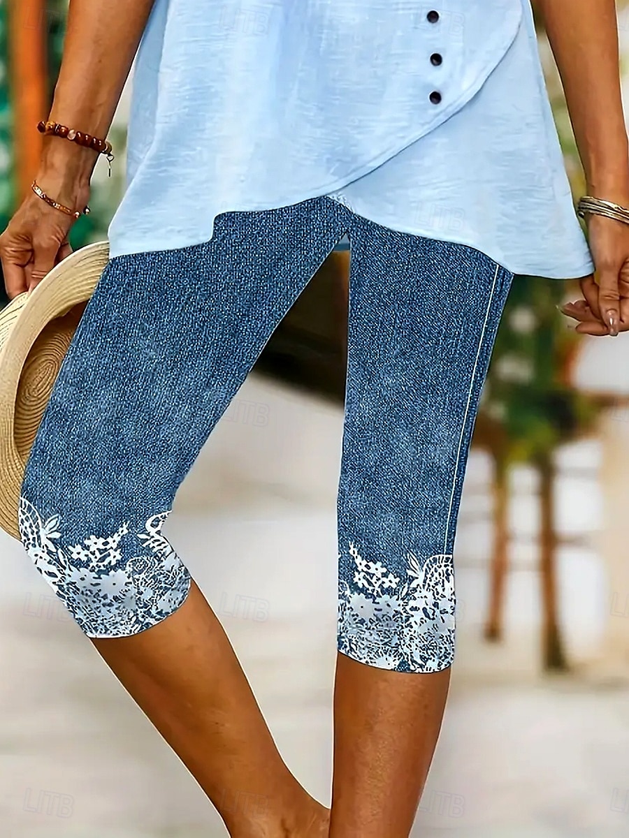 Damen Leggings Capri Hosen hohe Elastizität Urlaub Mode Hawaiianische Knielänge mittlere Taille floraler Grafikdruck atmungsaktiv weich Urlaub lässig täglich hellblau Sommer Frühling reguläre Passform 2025 - $18.99 –P5