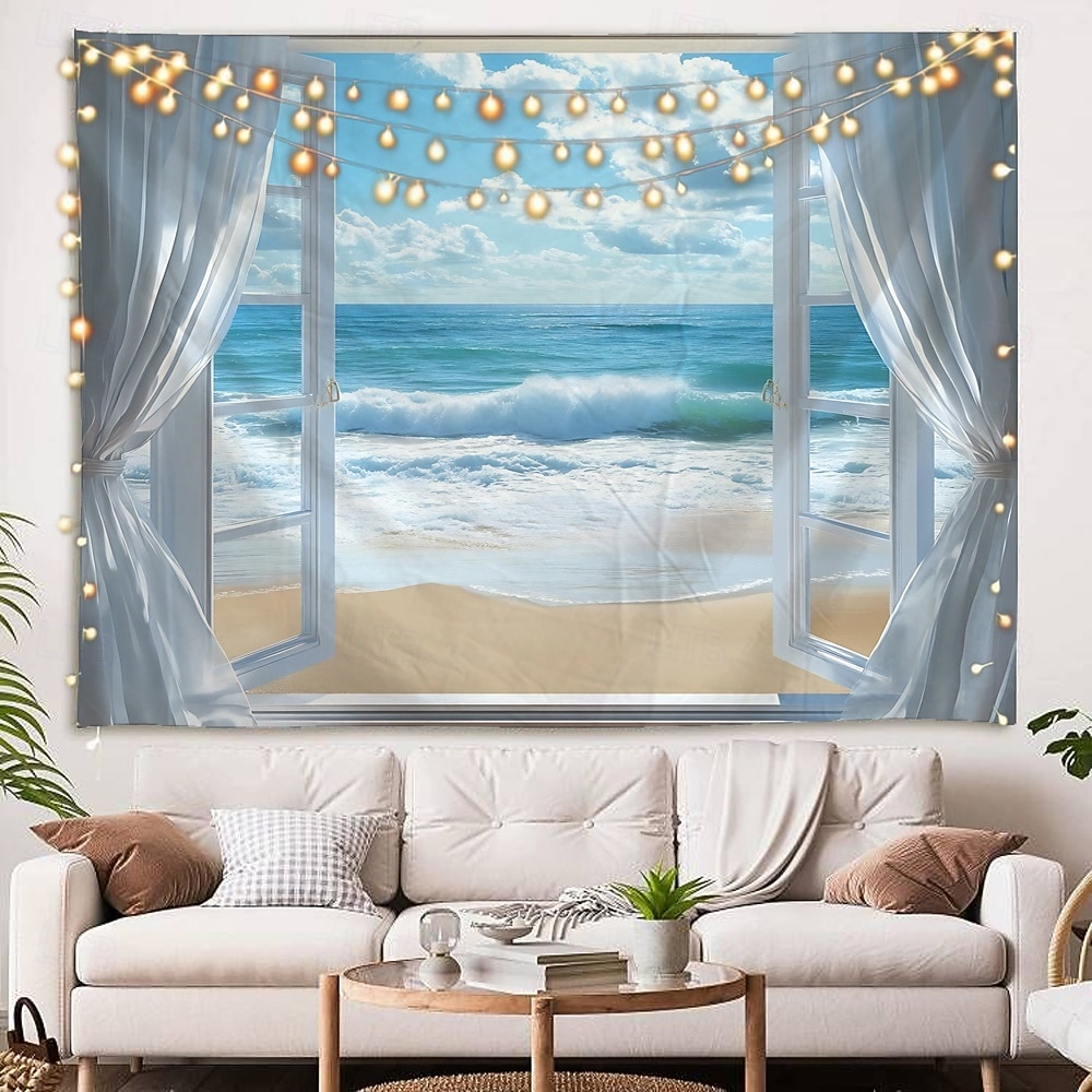 vindusgardiner havbølger kokospalmer landskap billedvev dekorativ kunst tepper gardiner hengende hjem soverom stue dekorasjon 2026 - $16.99 –P4
