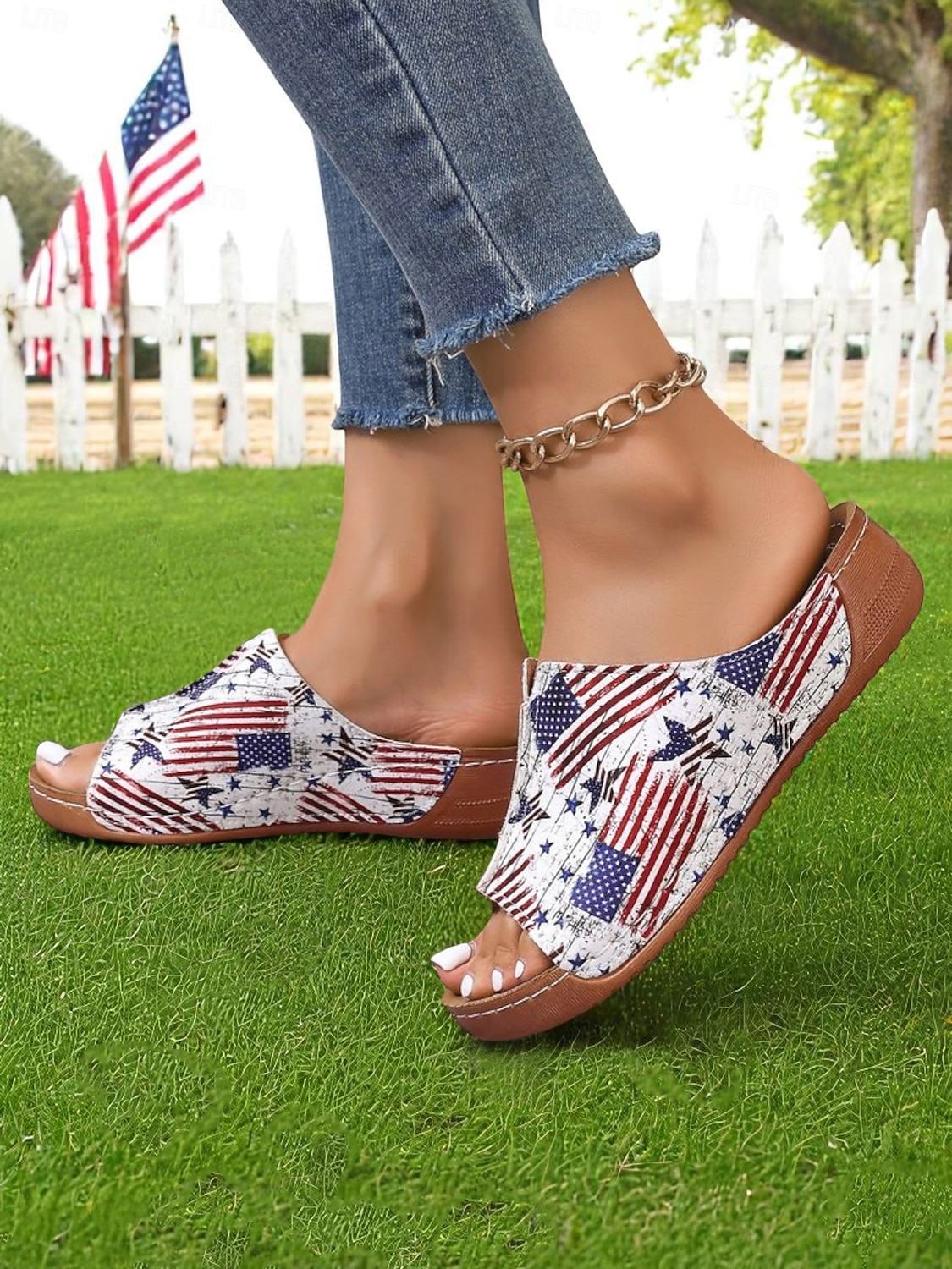 USA 250. Jubiläum Frauen Abgeriebene Amerikanische Flagge Druck Rutschen Sandalen – Sommerschuhe für den Unabhängigkeitstag Gartenpartys und Freizeitkleidung im Freien 2026 - $24.99 –P3