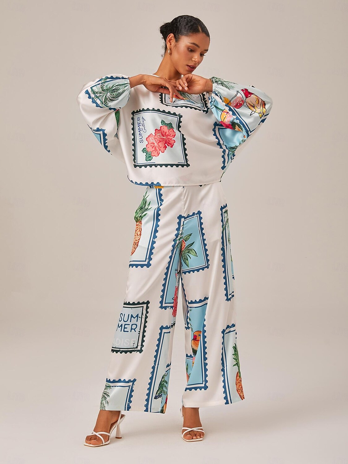 Seamless Pattern Print Elastic Waist Wide Leg Trousers 2025 - $64.99 –P3