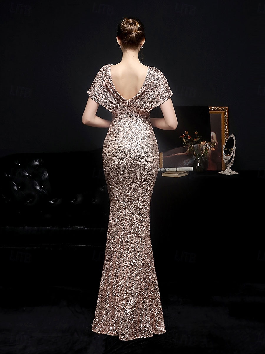 Mermaid trumpet quinceanera kjoler elegant kjole formell bryllup gulvlengde kortermet V-hals paljett med paljett 2025 - $79.99 –P6