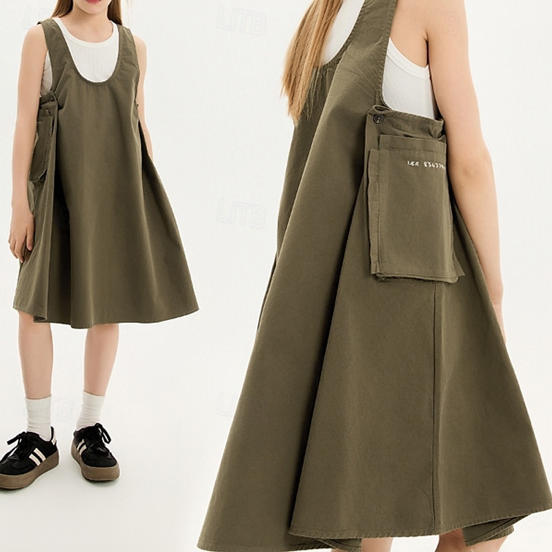 Kids Girls' Dress Solid Color Sleeveless Outdoor Pocket Adorable Basic Cotton Knee-length Casual Dress Bib Summer 4 years+ Brown 2025 - $84.99 –P1