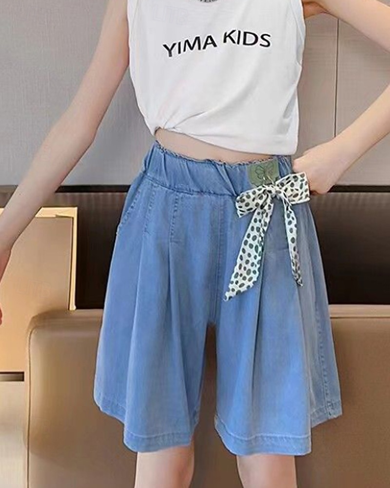 Bambini Ragazze Pantaloncini Tinta unica Streetwear Nodo da legare Scuola Dai 4 anni in su Estate Azzurro del 2025 a $11.49 –P5
