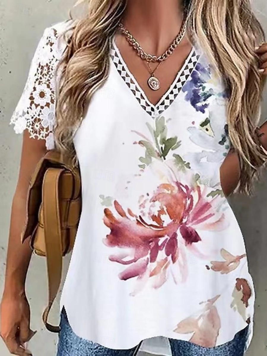 Pentru femei Bluză Floral Stilat Casual Manșon scurt În V Topuri obișnuite Zilnic Dantelă Peteci Imprimeu Negru Roz Îmbujorat Roșu-aprins Auriu Vară 2025 - $16.99 –P4