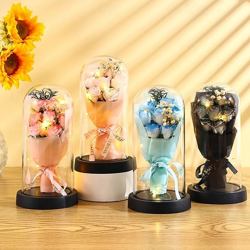 El ramo de rosas eternas, regalo para mamá, flores de jabón preservadas en cúpula de vidrio con luz, decoración de cumpleaños del día de la madre para mujeres 2026 - $15.99 –P2