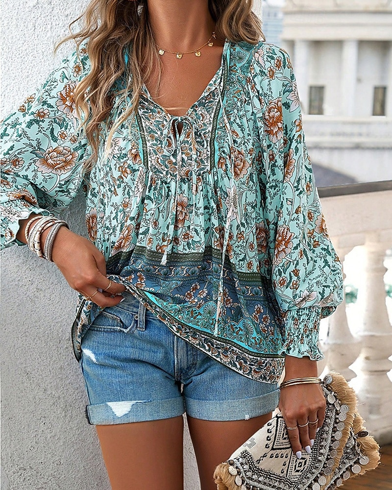 Damen Hemd Boho-Hemd Sommeroberteile Blume Täglich Stilvoll Lässig Langarm V Ausschnitt Normale Oberteile Arbeit Täglich Ferien Druck Rosa Marineblau Blau Frühling Herbst 2025 - $22.99 –P5