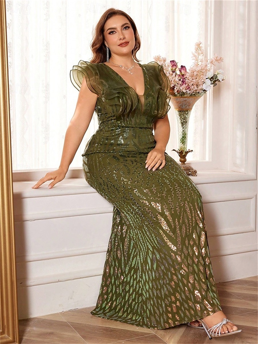Vestidos Sereia  Trompete Plus Size Vestido Elegante Curvas Formal Casamento Comprimento do Chão Sem Mangas Decote em V Com Lantejoulas com Lantejoulas de 2025 por $169.99 –P11