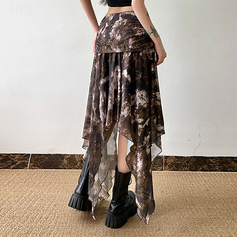 Damen Rock Mode Boho Midi Mittlere Hüfthöhe Röcke Blumen Unregelmäßiger Saum Druck Mikroelastisch Urlaub Straße Braun Sommer Polyester 2025 - $26.99 –P9