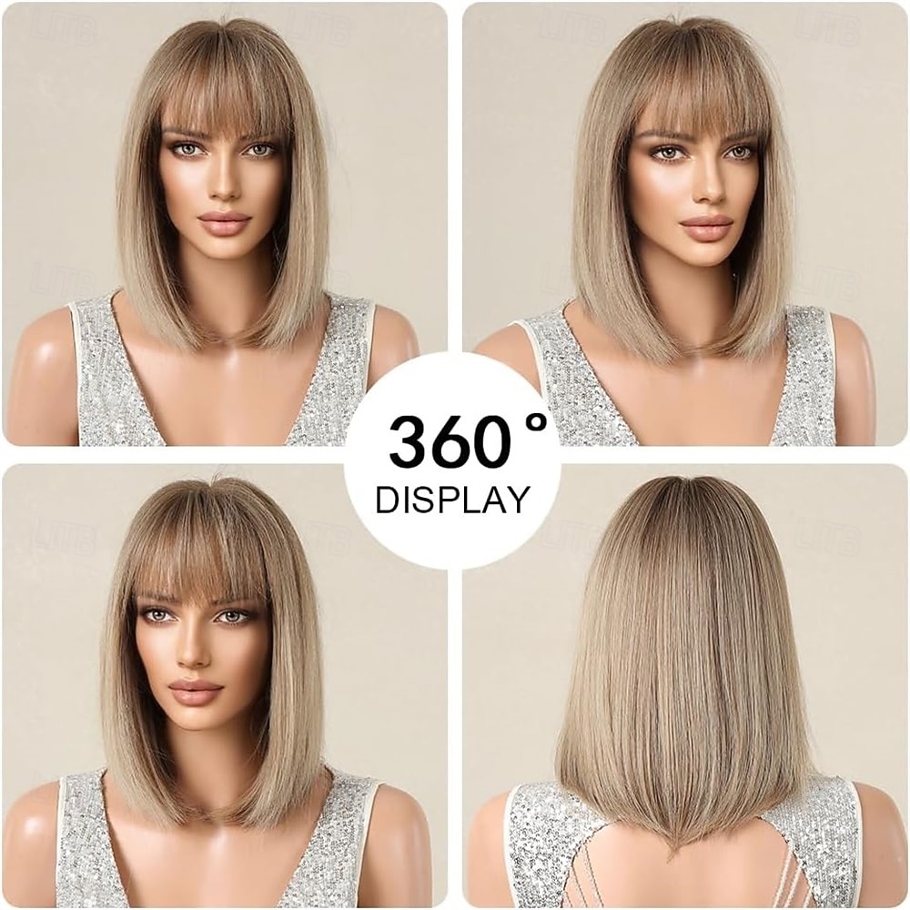 омбре блонд боб парик с челкой короткий прямой парик для женщин синтетические волосы парики для повседневной носки косплей вечеринка 2025 - $24.99 –P5