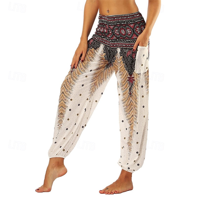 Retro Antiguo Boho Años 70 Pantalones Harem Pantalones de yoga Hippie Cintura elástica Pavo real Plumas Mujer Víspera de Todos los Santos Carnaval vacaciones en la playa Fiesta temática retro Festival 2025 - $27.99 –P9
