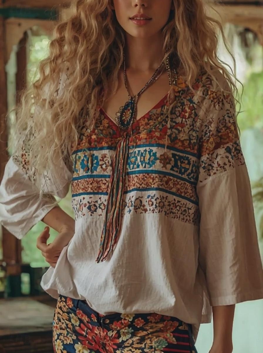 Dame Bluse Blomstret Grafisk Bohem Årgang Tropisk 3/4 ermer V-hals Vanlige topper Rynket Trykt mønster Beige Sommer Vår 2025 - $24.99 –P1