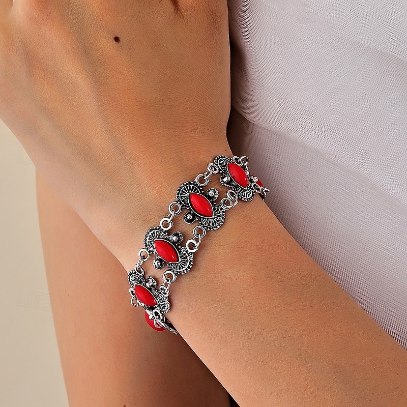 Bracelet Femmes Rétro Fleur Bohème Bracelet Bijoux Rouge Vert Ovale pour Quotidien Fête de 2025 ? $15.49 –P4