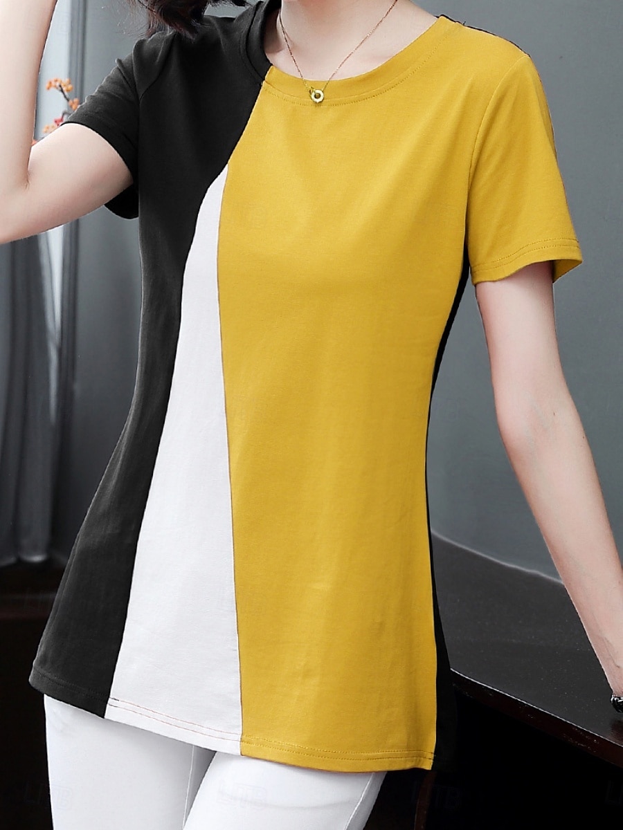 Dame Bluse Geometrisk Fargeblokk Stilfull Fritid Kortermet Crew-hals Vanlige topper Daglig Trykt mønster Svart Gul Blå Oransje Brun Sommer 2025 - $13.99 –P9