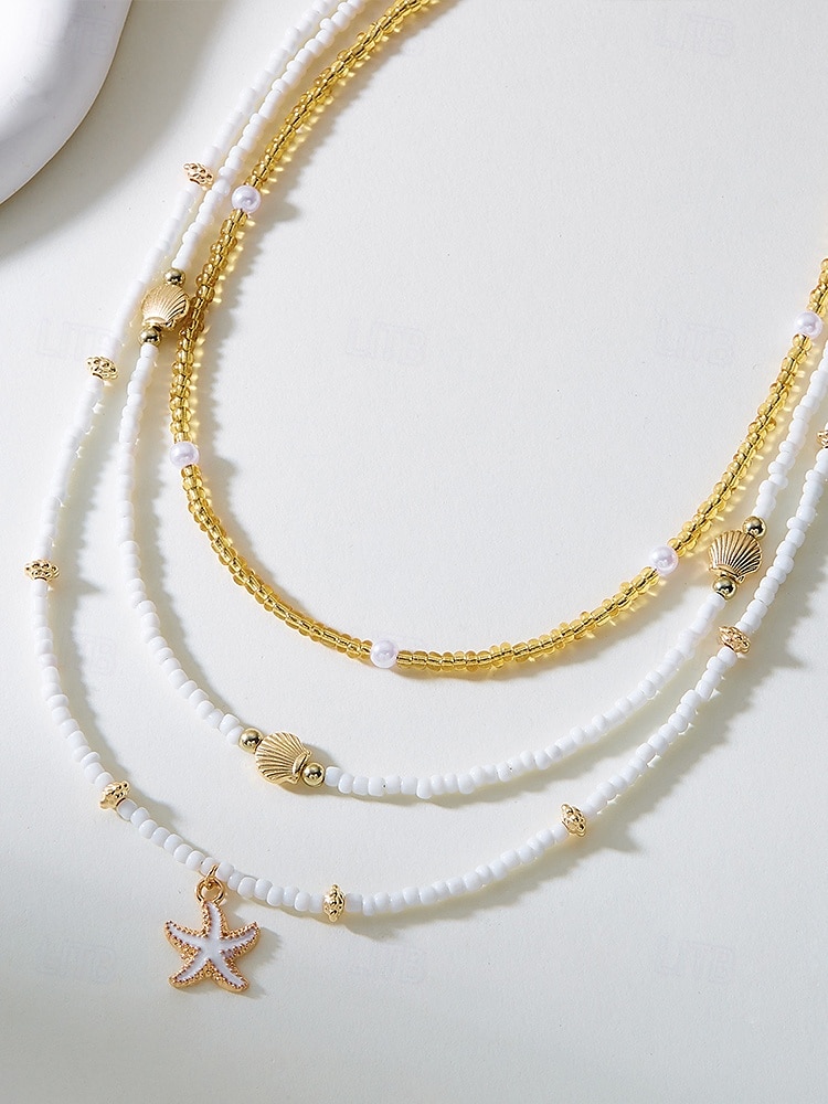 Conjunto de collar y pulsera tobillera en capas estilo playa para mujer con dijes de estrellas de mar y conchas, diseño de cuentas doradas y blancas, adecuado para vacaciones de verano, estilo casual y bohemio. 2025 - $9.99 –P6