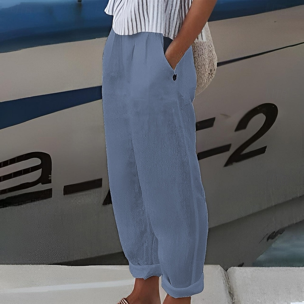 Dame Store størrelser Shorts i bomullslin Lin-inspirerte bukser Fôret shorts Enkel Fritid Komfort Lang Naturlig Ren farge Mikroelastisk Hjem Gate Hvit Blå Grønn Kakifarget Sommer Vår 2025 - $6.99 –P7