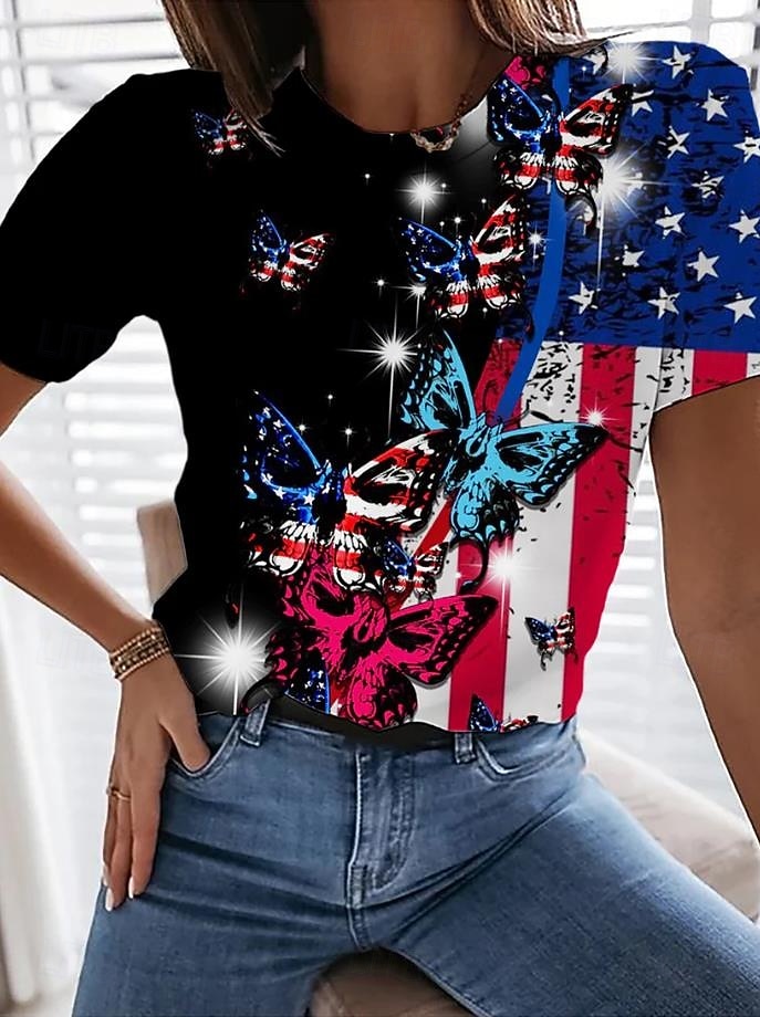 Camiseta patriótica de mujer del Día de la Independencia gráfica bandera vintage elegante clásica de manga corta cuello redondo tops regulares diaria fin de semana estampado negro blanco rojo azul 2026 - $22.99 –P4