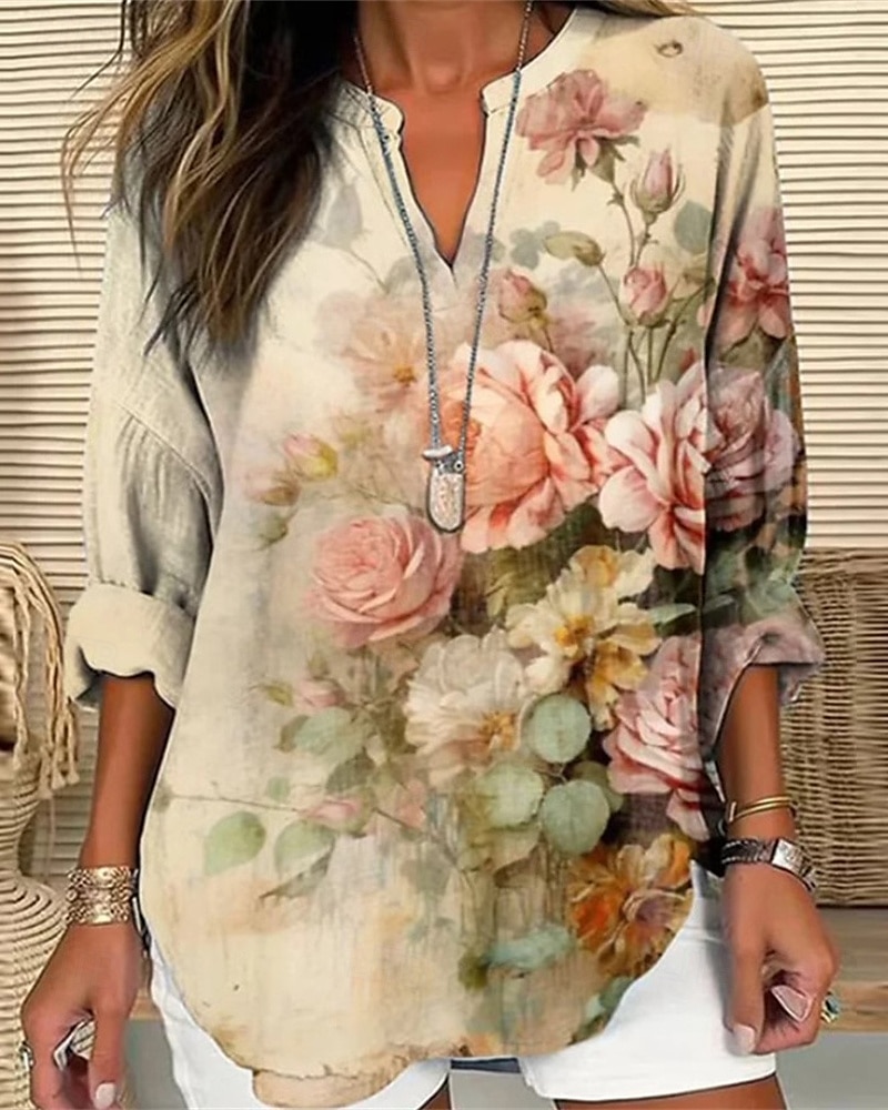 Femmes Chemise Fleur Quotidien Élégant Basique manche longue Col en V Hauts Réguliers Quotidien Fête Imprimé Jaune Bleu Roi Violet Printemps Automne de 2025 ? $16.49 –P1