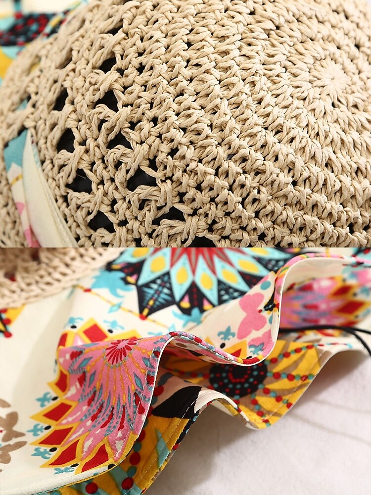 Women's Wide Brim Straw Sun Hat with Colorful Ethnic Print Bow – Boho Style Foldable Beach Hat for Summer Travel and Vacation 2025 - $14.99 –P9