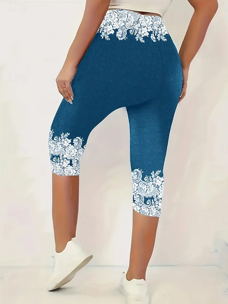 Leggings Capri pour femmes haute élasticité mode vacances hawaïenne longueur mollet taille mi-haute impression graphique respirant doux extensible vacances décontractée quotidienne bleu œuf de de 2025 ? $18.99 –P2