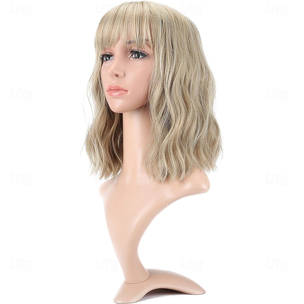 Ombre 2-tone kleur krullende bob pruik met luchtpony natuurlijke krullende golvende korte bob pruiken schouderlange pruiken synthetische cosplay voor meisjes kleurrijke pruiken 12'' blond tot roze 2025 - $24.99 –P7