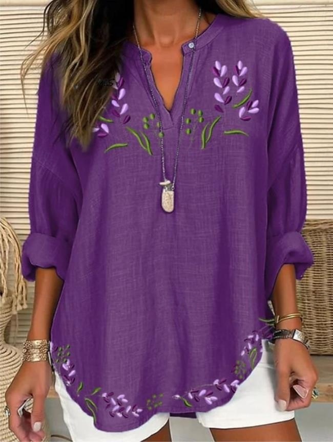 Women's Blouse Floral Graphic Elegant Stylish Romantic Long Sleeve V Neck Regular Tops Daily Holiday Print White Purple Violet Summer Spring 2025 - $24.99 –P1