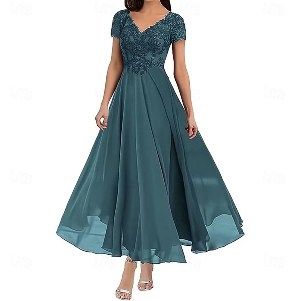 A-Linie Brautmutterkleid Elegant V Ausschnitt Bodenlang Polyester Kurzarm mit Einfarbig 2025 2025 - $119.99 –P26