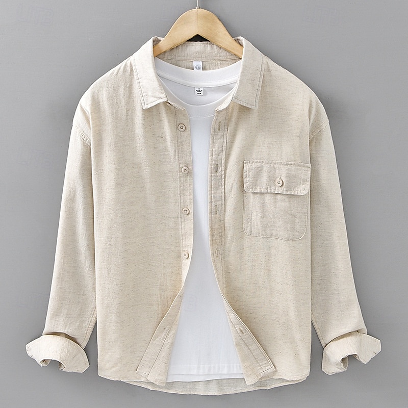 Men's Shirt Linen Shirt Casual Shirt Button Up Shirt Cotton Shirt Plain Vacation Hawaiian White Navy Blue Blue Beige Long Sleeve Lapel Spring Fall Clothing Apparel Button-Down 2025 - $42.99 –P1