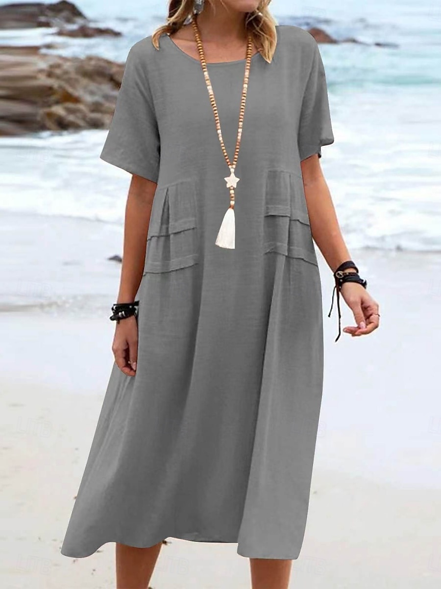 Damen Midikleid Baumwoll-Leinen-Kleider Freizeitkleid Sommerkleid Klassisch Modern Täglich Wochenende Normale Passform Einfach Kurzarm Rundhalsausschnitt Schwarz Gelb Rosa Königsblau Sommer 2025 - $12.49 –P12