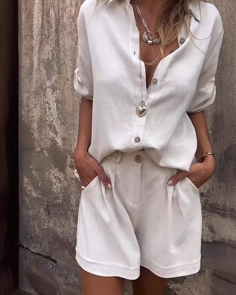 Femmes Actif Mode Chemises en coton et lin Ensembles en coton et lin Chemisier Manche Courte Col de chemise Couleur Unie Dubbele Rij Knopen Sortir Week-end Noir Blanche Bleu Été Coupe régulière de 2025 ? $34.99 –P1