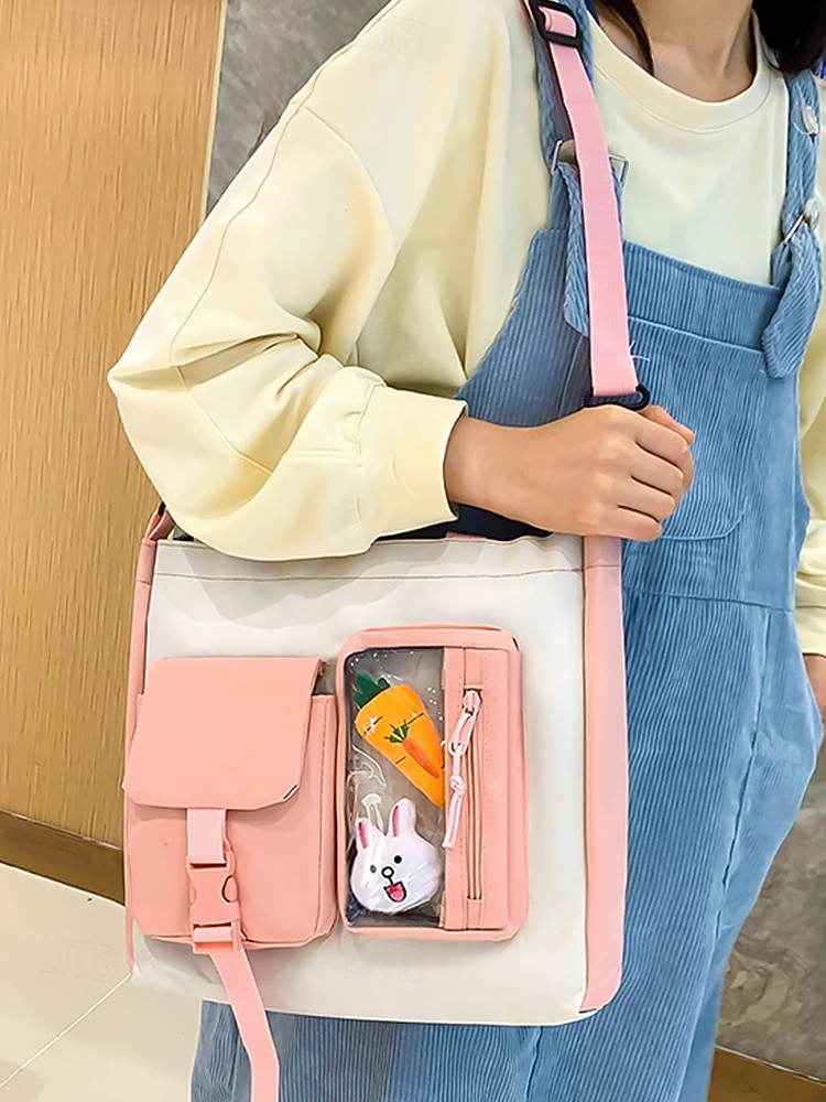 damski 6-częściowy uroczy plecak kawaii z przezroczystymi kieszeniami z przodu, przypinkami z kreskówek i pluszowymi zawieszkami, lekka nylonowa torba szkolna dla nastoletnich dziewcząt, do codziennego użytku na uczelnię 2026 - $34.99 –P5