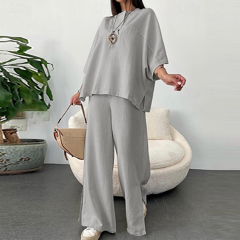 Femmes Mode Streetwear Chemises en coton et lin Ensembles en coton et lin Ensembles de Pantalons Manche 3/4 Col en V Uni Tenue quotidienne Date Blanche Beige Été Coupe régulière de 2025 ? $40.99 –P5