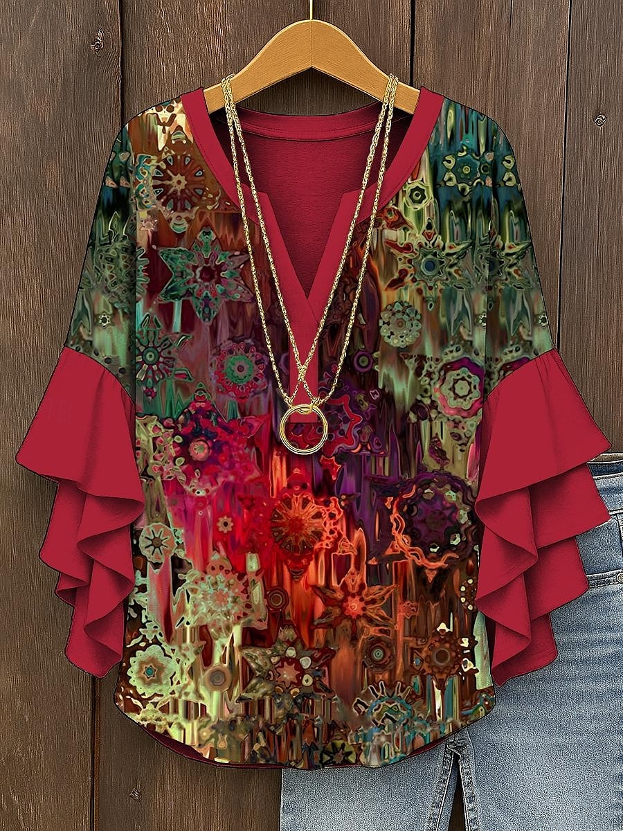 Damen Retro-Bluse mit geschichteten Rüschärmel Vintage Grafisch Abstrakt Bohemia Vintage Tägliche 3/4-Ärmel V-Ausschnitt Reguläre Tops Tägliche Urlaubsferien Bekleidung Print Rot Blau Lila Grün Sommer 2025 - $29.99 –P1