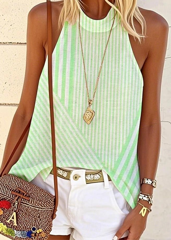 Mujer Blusa Estampado Graphic A Rayas Elegante Casual Sin Mangas Cuello Barco Cuello Alto Tops regulares Diario Azul Piscina Rosa Morado Verde Trébol Verano Primavera 2026 - $19.99 –P4