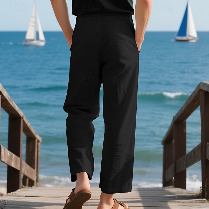 Herr Linne Byxor Långbyxor Sommarbyxor Strandbyxor Ficka Snörning Elastisk midja Slät Komfort Andningsfunktion Semester Dagligen Helgdag Hawaiisk Boho Ljus kaki Svart 2025 - $22.99 –P11