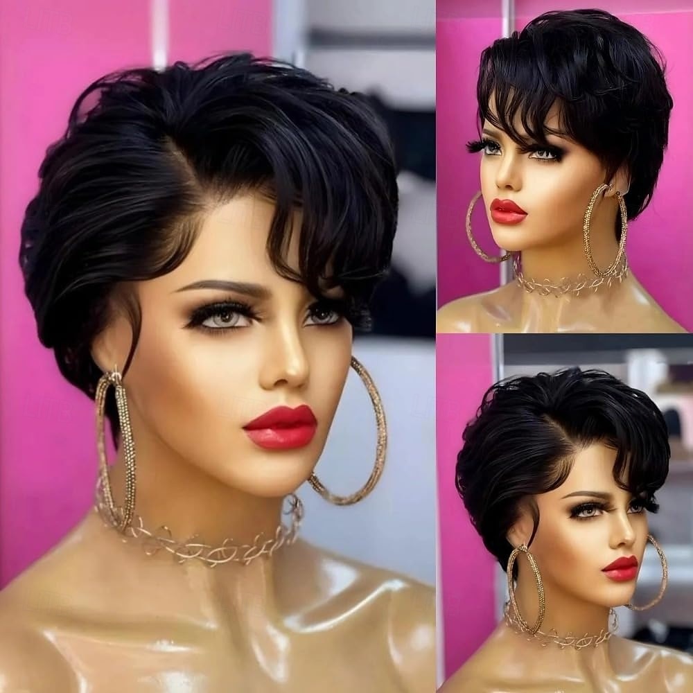 Perruque courte en cheveux humains avec dentelle frontale pour femmes noires, coupe Pixie, pré-épilée, avec cheveux de bébé de 2025 ? $66.99 –P1