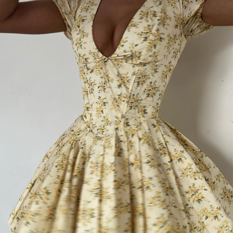 Femmes Mini Robe Robe Décontractée Robe Fleurie Mode Robe élégante Extérieur Soirée Fête Coupe régulière Fleur Manche Courte Col en V Jaune Été de 2025 ? $29.99 –P4