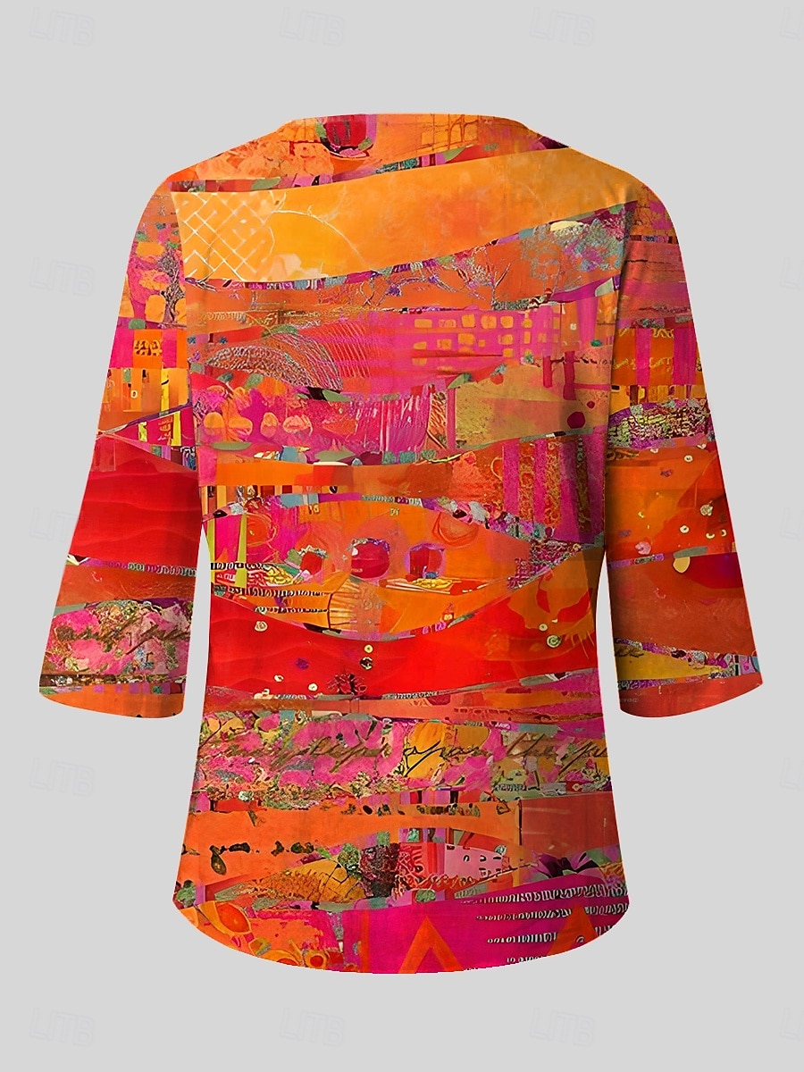 Dame Bluse Grafisk Abstrakt Bohem Årgang Etnisk 3/4 ermer Crew-hals Vanlige topper Daglig Ferieklær Trykt mønster Blå Lilla Oransje Sommer Vår 2025 - $27.99 –P2