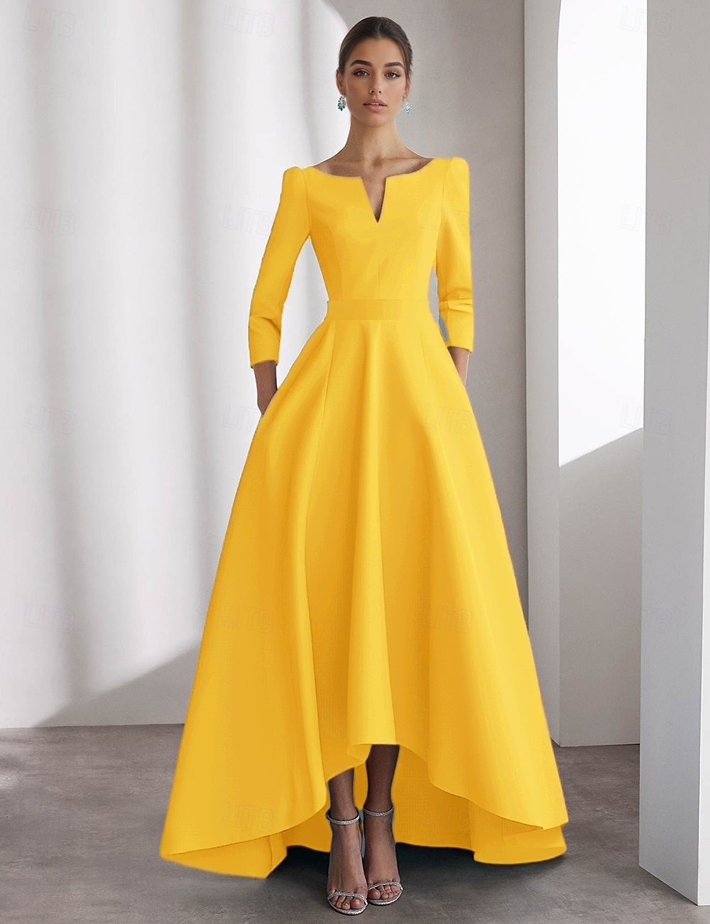 Abiti da Cocktail A-Line Blu Abito Elegante Formale Matrimonio Asimmetrico Maniche Lunghe Scollo a V Satin con Tasche del 2025 a $127.99 –P5