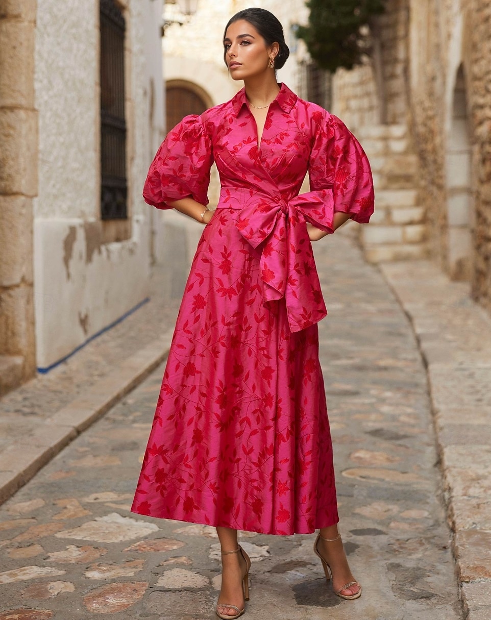 A-Line Cocktail Dresses Elegant Dress Formal Wedding Floor Length 3/4 Length Sleeve Shirt Collar Pocket Satin with Floral Print Bow(s) Slit Wedding Guest Dress 2025 2025 - $157.99 –P2