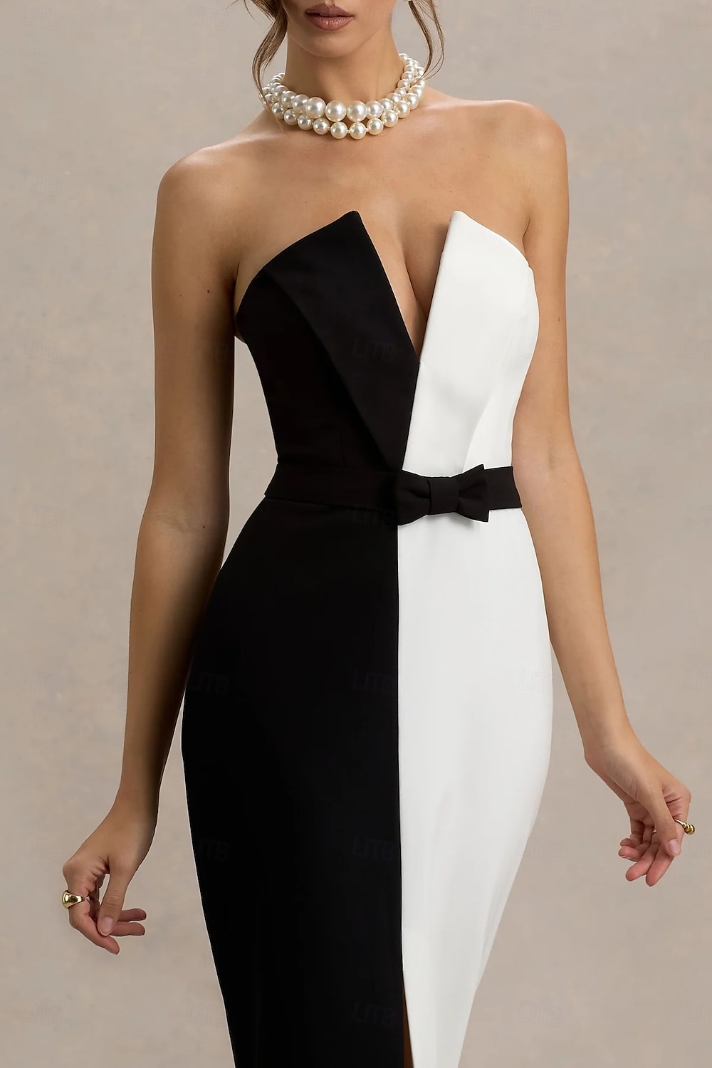 Vestidos de coquetel sereia/trompete preto e branco, elegante, formal, casamento, comprimento até o chão, comprimento longo, sem alças, crepe elástico com laço(s) 2025 de 2025 por $144.99 –P2